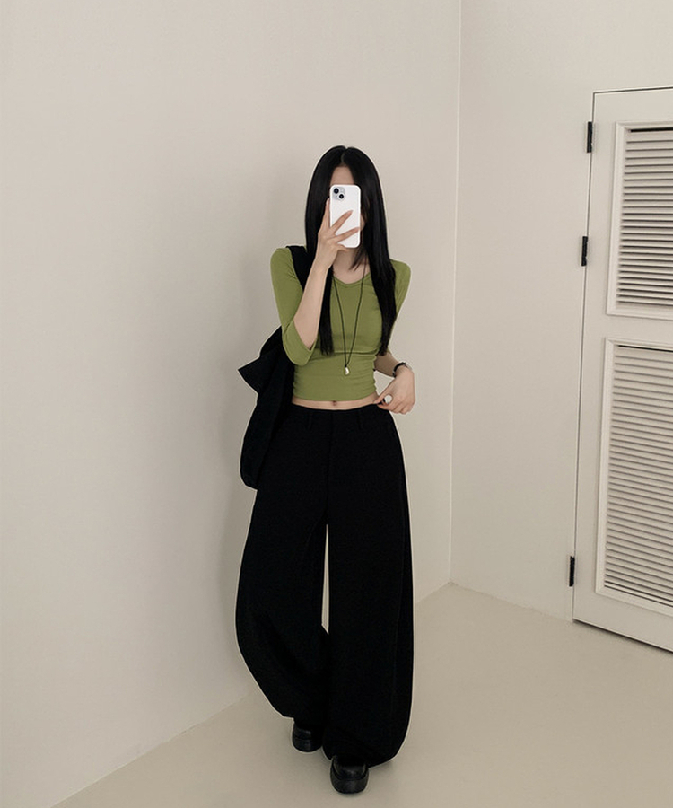 【丈別】ピンタックワイドスラックスパンツ BLACK