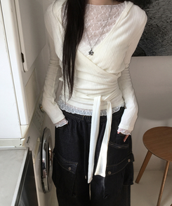 レースレイヤード長袖トップス WHITE