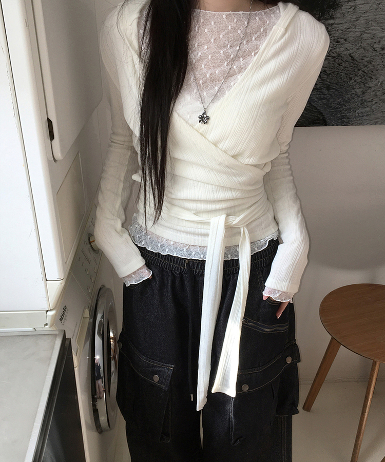 レースレイヤード長袖トップス WHITE