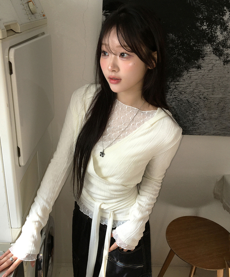 レースレイヤード長袖トップス WHITE