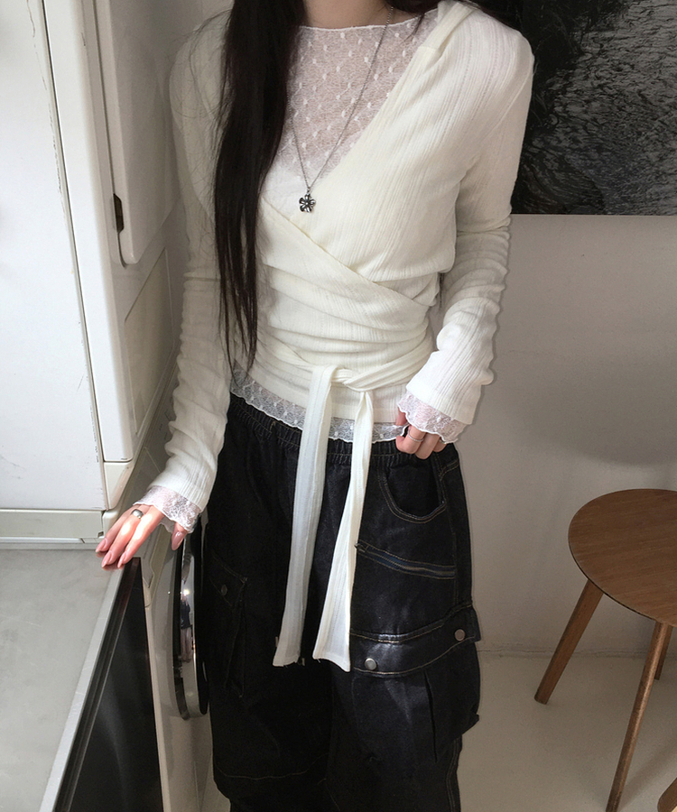 レースレイヤード長袖トップス WHITE