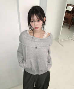 フードオフショルダートップス GREY