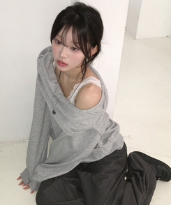 フードオフショルダートップス GREY