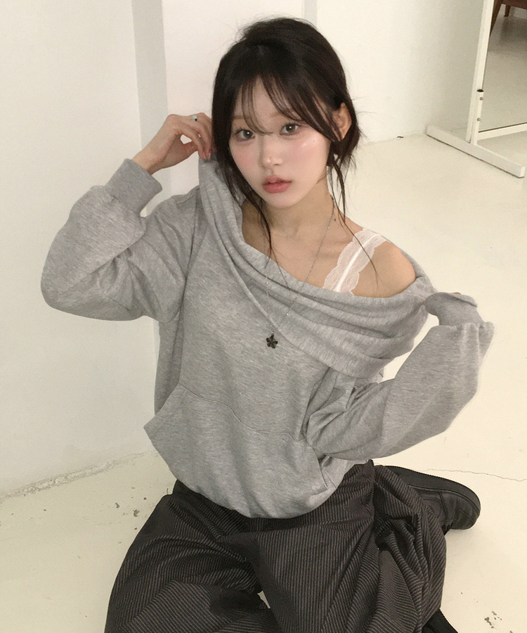 フードオフショルダートップス GREY