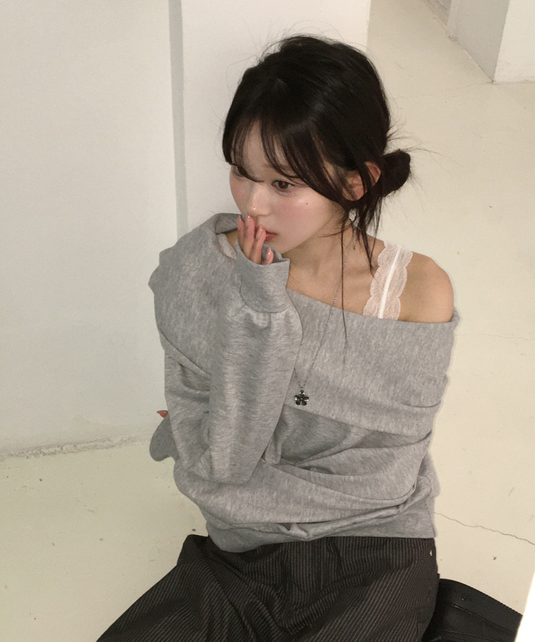 フードオフショルダートップス GREY