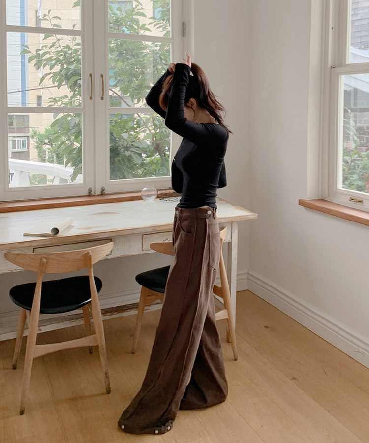 【丈別】ピンテックボタンワイドパンツ BROWN