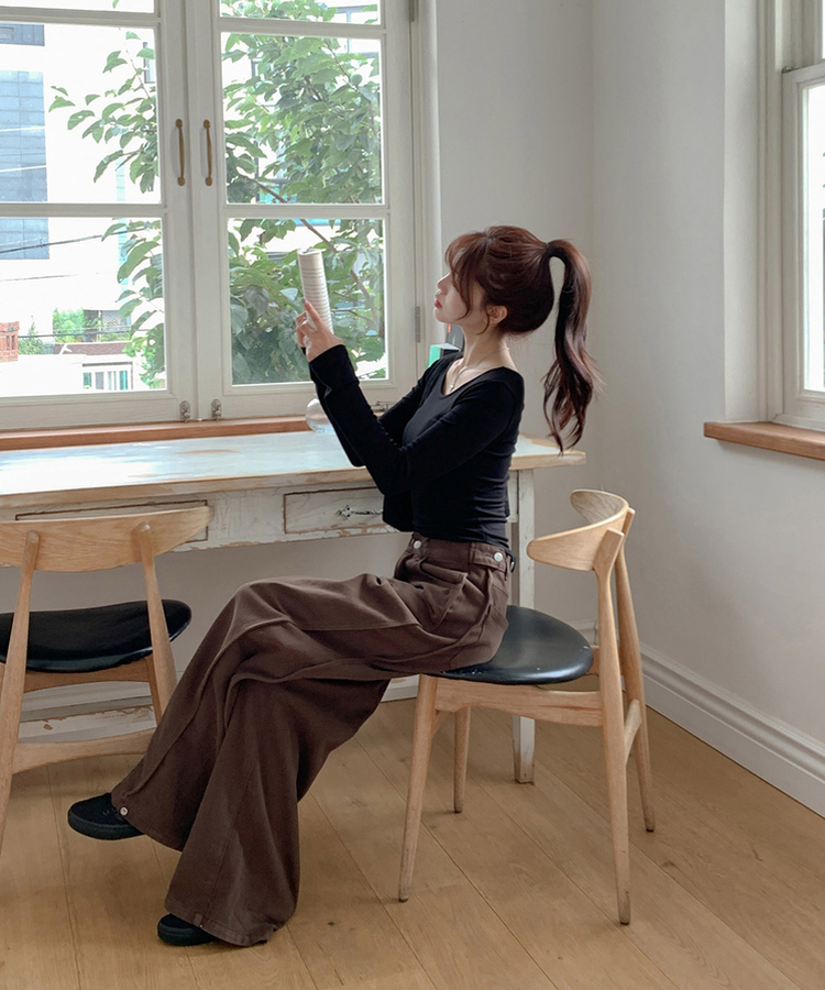 【丈別】ピンテックボタンワイドパンツ BROWN