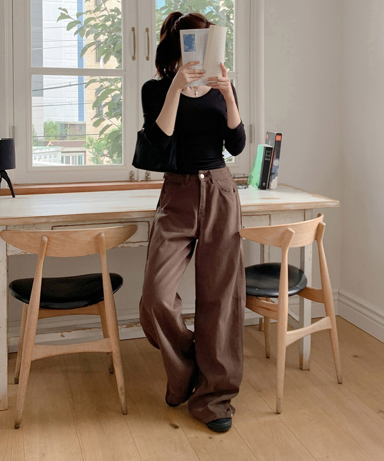 【丈別】ピンテックボタンワイドパンツ BROWN