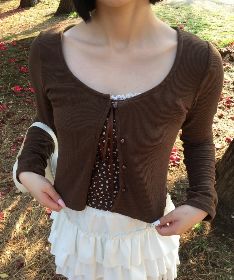 【SET】잔꽃무늬 캐미솔 가디건 브라운