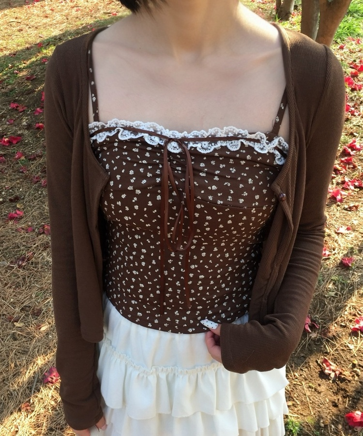 【SET】잔꽃무늬 캐미솔 가디건 브라운