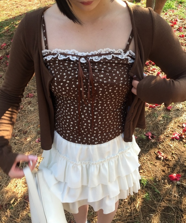 【SET】잔꽃무늬 캐미솔 가디건 브라운