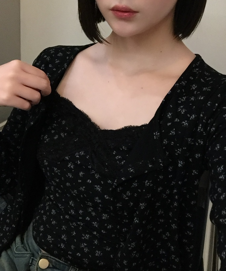 【SET】플라워 레이스 나시 가디건 블랙