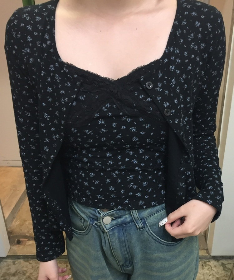 【SET】플라워 레이스 나시 가디건 블랙