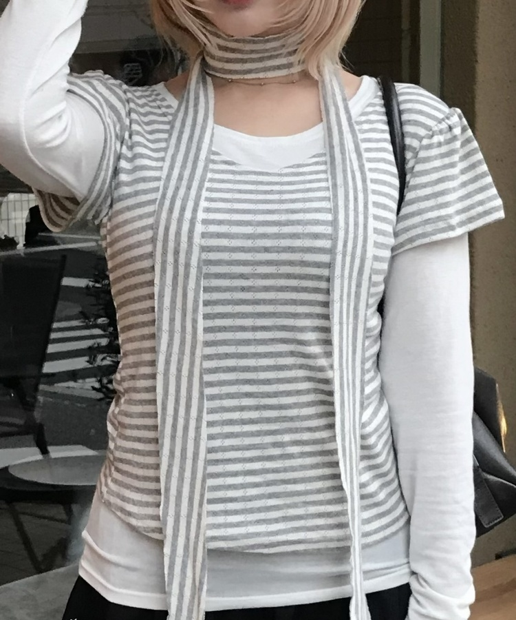 【タイ付き】VネックボーダーTシャツ GREY