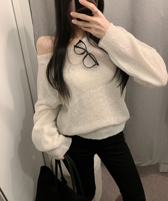 ボートネックオフショルダーシアーニット(7color) LIGHT GREY