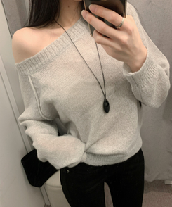 ボートネックオフショルダーシアーニット(7color) LIGHT GREY