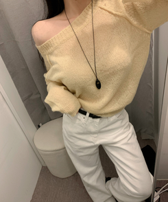 ボートネックオフショルダーシアーニット(7color) YELLOW