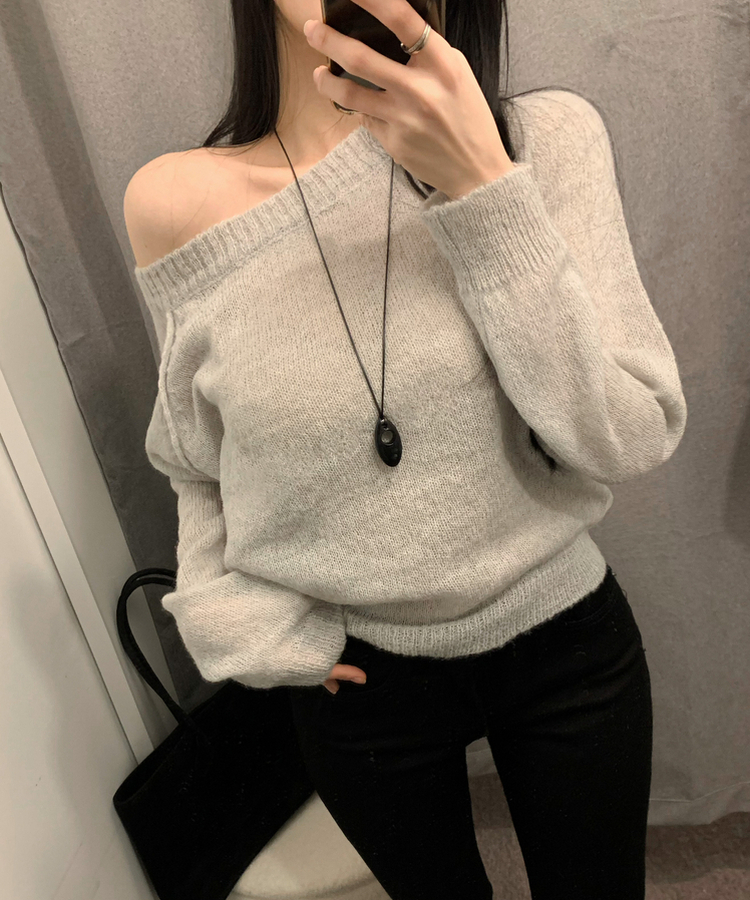 ボートネックオフショルダーシアーニット(7color) LIGHT GREY