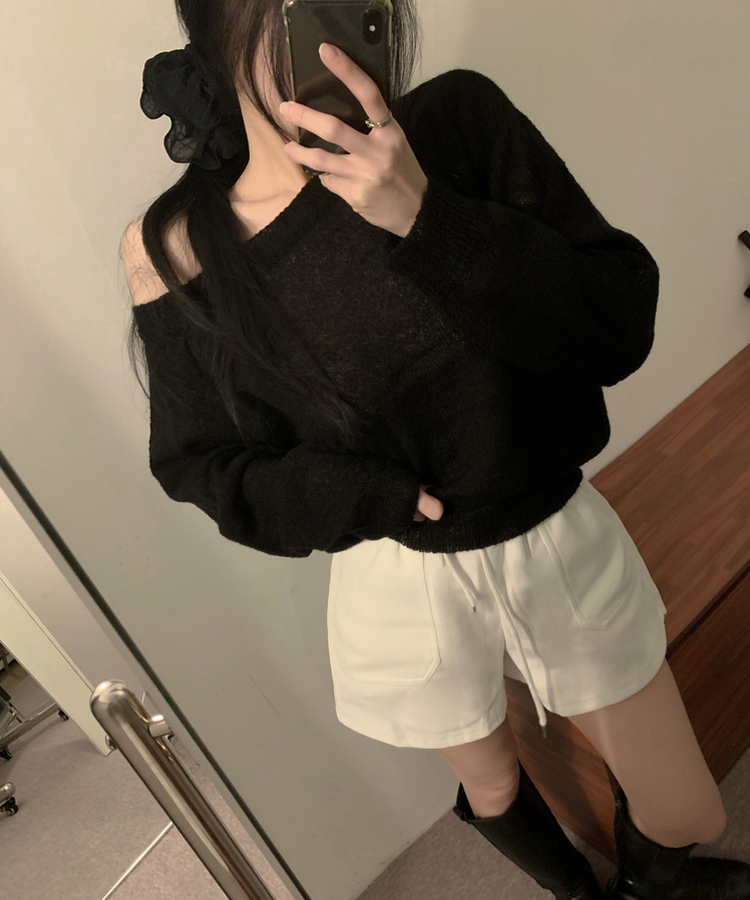 ボートネックオフショルダーシアーニット(7color) BLACK