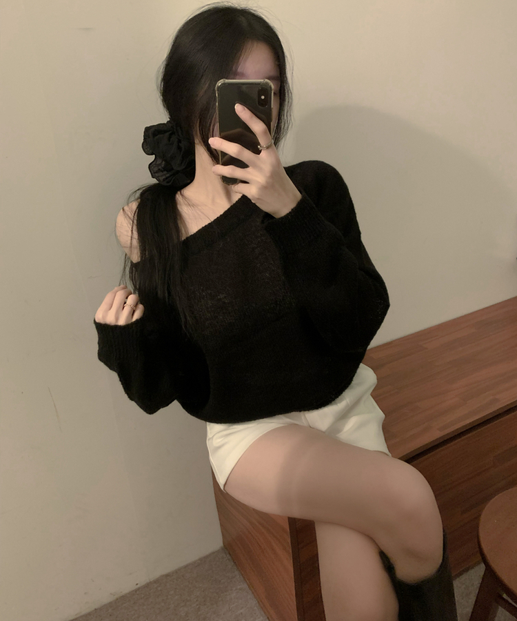 ボートネックオフショルダーシアーニット(7color) BLACK