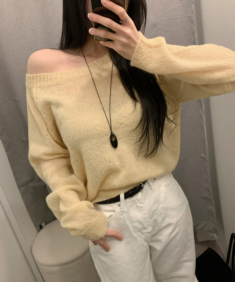 ボートネックオフショルダーシアーニット(7color) YELLOW