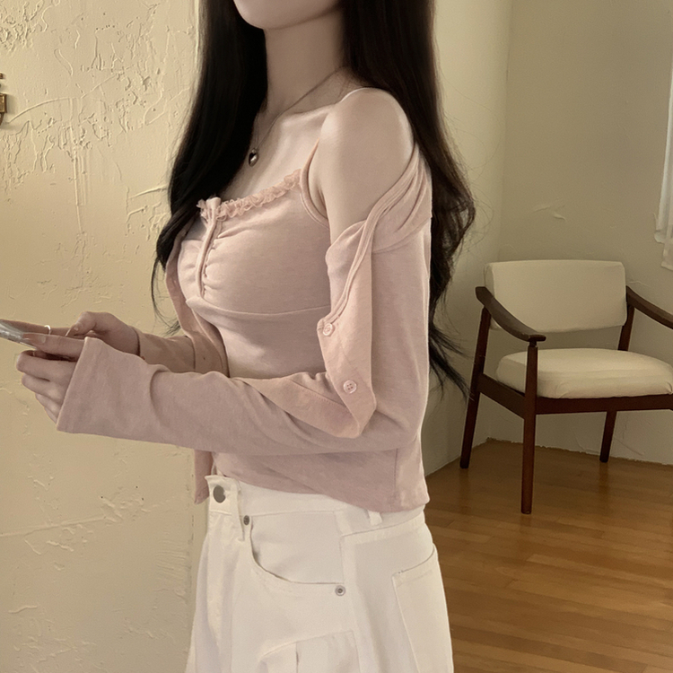 청순벚꽃룩 레이스 프릴 버튼 셔링 크롭 나시 크롭 핑크 가디건 레이어드 세트 핑크