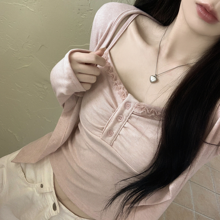 청순벚꽃룩 레이스 프릴 버튼 셔링 크롭 나시 크롭 핑크 가디건 레이어드 세트 핑크