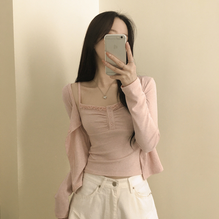 청순벚꽃룩 레이스 프릴 버튼 셔링 크롭 나시 크롭 핑크 가디건 레이어드 세트 핑크