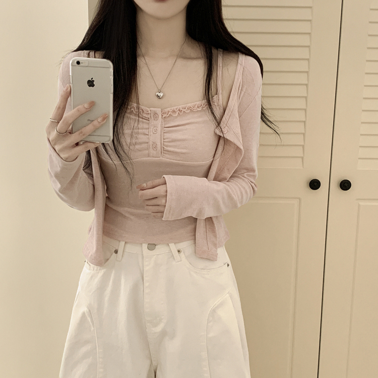 청순벚꽃룩 레이스 프릴 버튼 셔링 크롭 나시 크롭 핑크 가디건 레이어드 세트 핑크