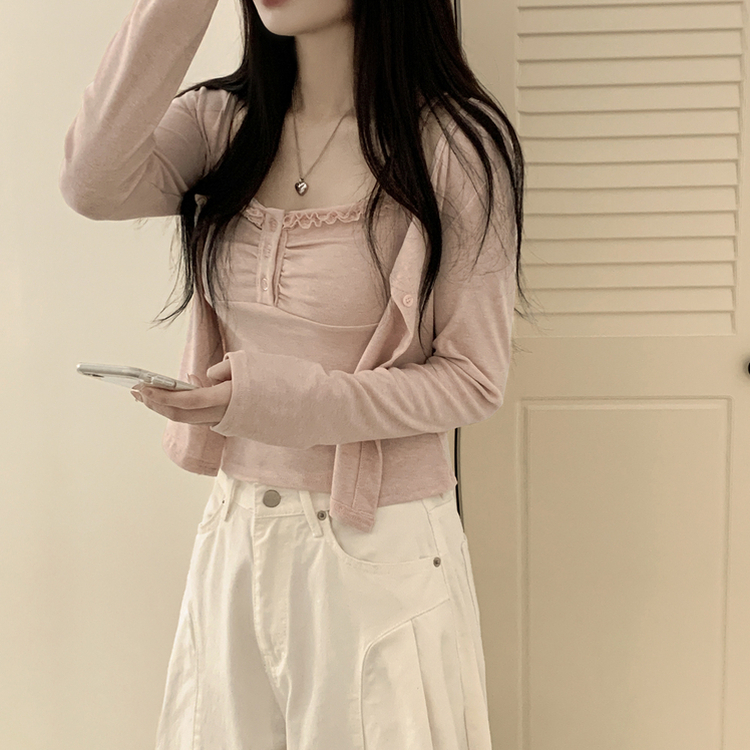 청순벚꽃룩 레이스 프릴 버튼 셔링 크롭 나시 크롭 핑크 가디건 레이어드 세트 핑크