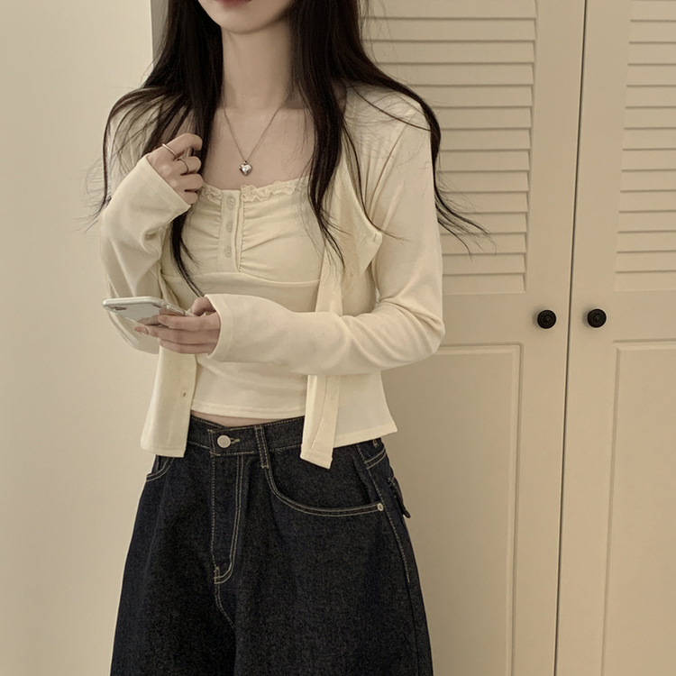 청순벚꽃룩 레이스 프릴 버튼 셔링 크롭 나시 크롭 핑크 가디건 레이어드 세트 아이보리