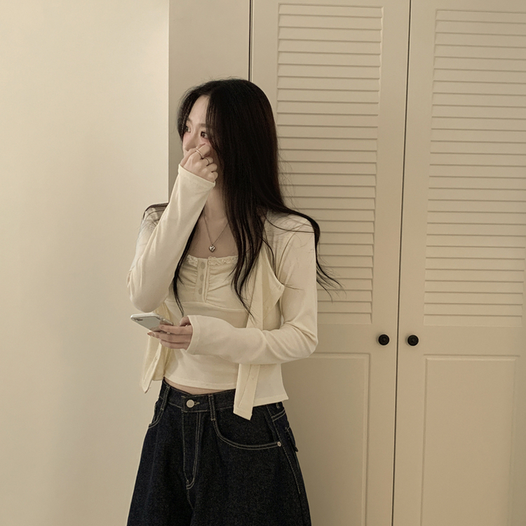 청순벚꽃룩 레이스 프릴 버튼 셔링 크롭 나시 크롭 핑크 가디건 레이어드 세트 아이보리