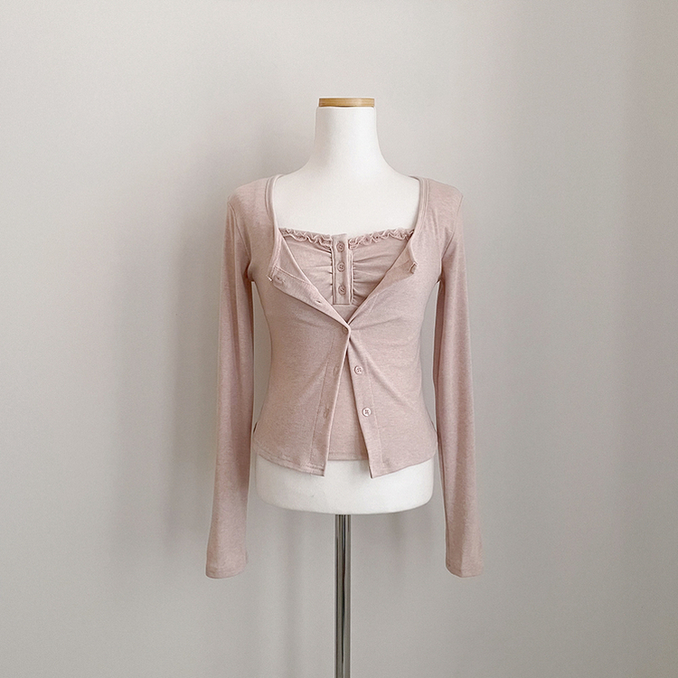 청순벚꽃룩 레이스 프릴 버튼 셔링 크롭 나시 크롭 핑크 가디건 레이어드 세트