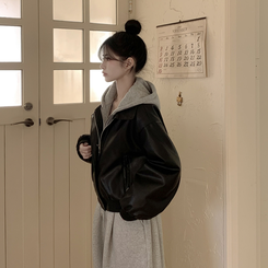 レイヤードフードレザーオーバーフィットジャケット BLACK