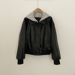 レイヤードフードレザーオーバーフィットジャケット