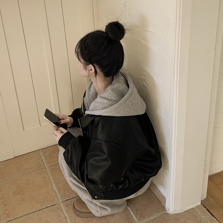 레이어드 후드 레더 아방핏 봄 후드점퍼 라이더 크롭자켓 블랙