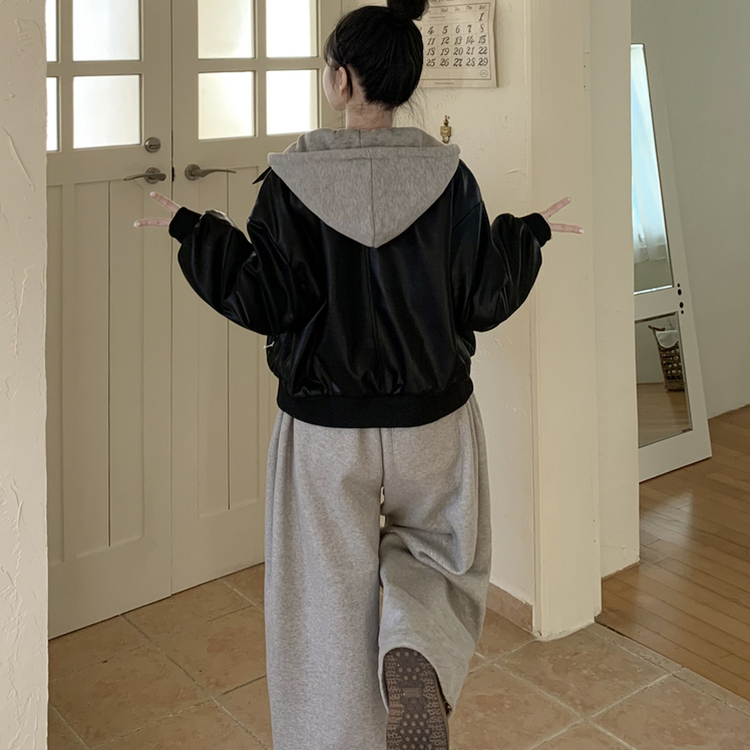 레이어드 후드 레더 아방핏 봄 후드점퍼 라이더 크롭자켓 블랙