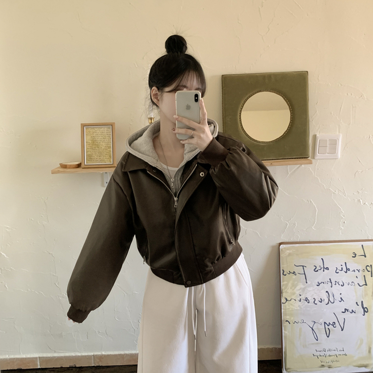 레이어드 후드 레더 아방핏 봄 후드점퍼 라이더 크롭자켓 밤색