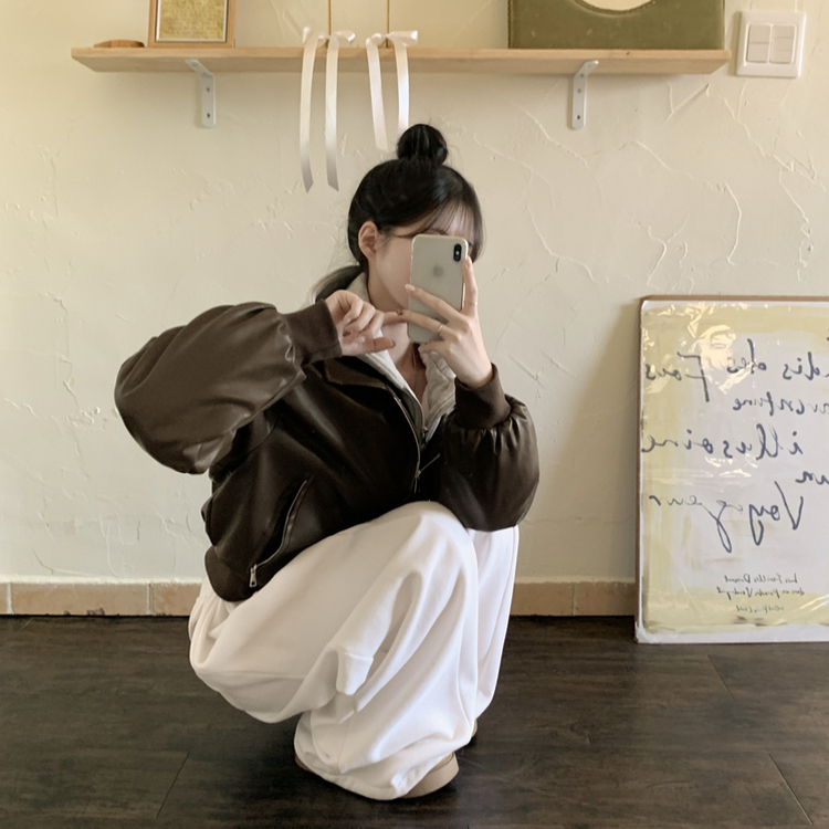 레이어드 후드 레더 아방핏 봄 후드점퍼 라이더 크롭자켓 밤색