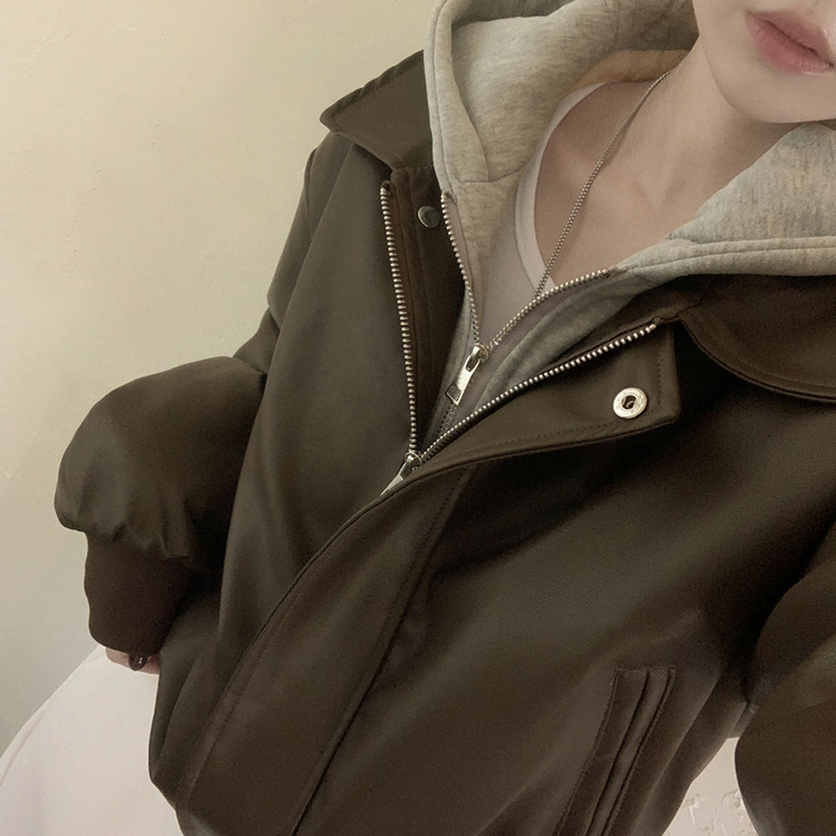 레이어드 후드 레더 아방핏 봄 후드점퍼 라이더 크롭자켓 밤색