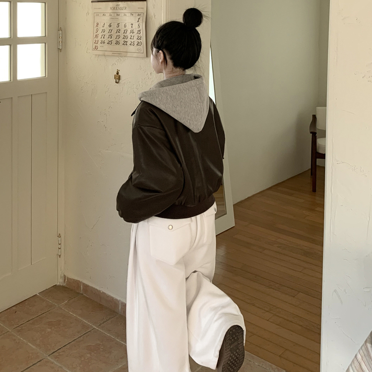 레이어드 후드 레더 아방핏 봄 후드점퍼 라이더 크롭자켓 밤색