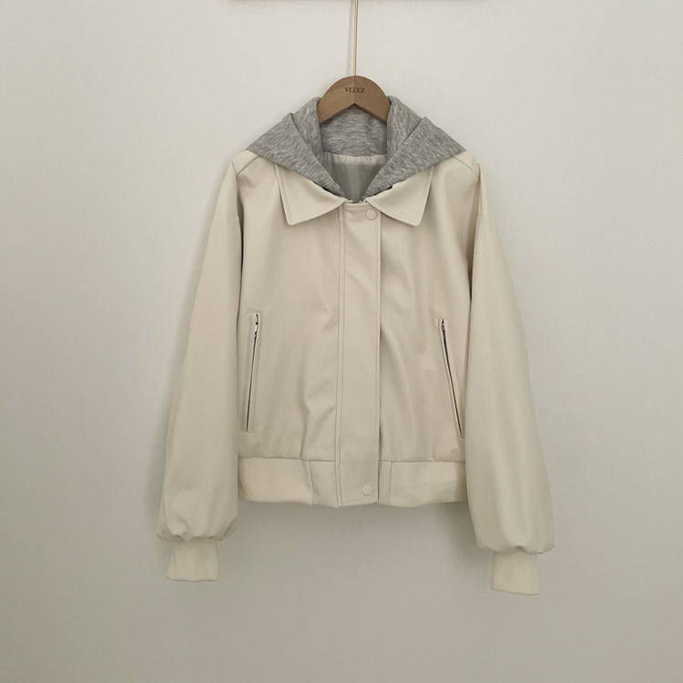 레이어드 후드 레더 아방핏 봄 후드점퍼 라이더 크롭자켓