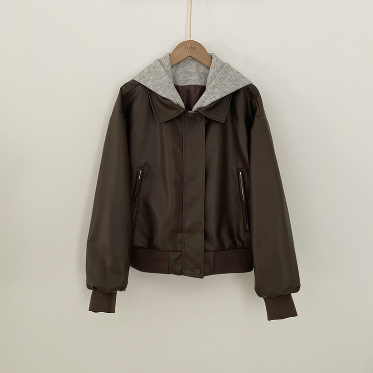 레이어드 후드 레더 아방핏 봄 후드점퍼 라이더 크롭자켓