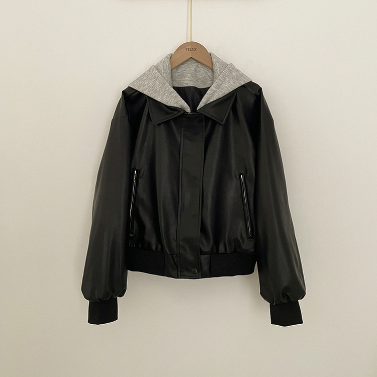 레이어드 후드 레더 아방핏 봄 후드점퍼 라이더 크롭자켓