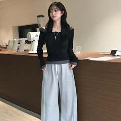 쫀득 데일리 버튼 일체형 레이어드 배색 긴팔 티셔츠 봄 상의 슬림핏 단추 긴팔티 3color 블랙