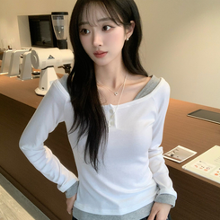 쫀득 데일리 버튼 일체형 레이어드 배색 긴팔 티셔츠 봄 상의 슬림핏 단추 긴팔티 3color 화이트