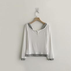 쫀득 데일리 버튼 일체형 레이어드 배색 긴팔 티셔츠 봄 상의 슬림핏 단추 긴팔티 3color