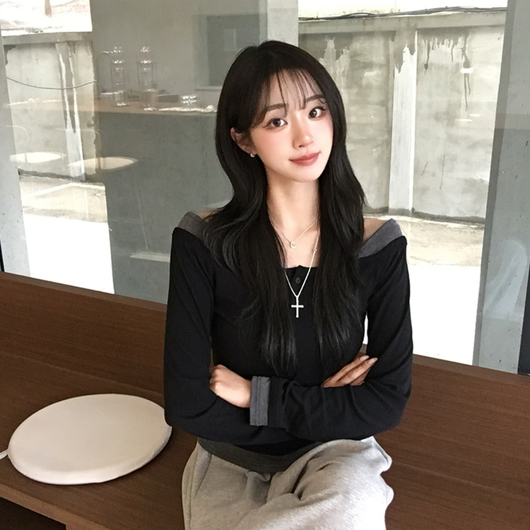 쫀득 데일리 버튼 일체형 레이어드 배색 긴팔 티셔츠 봄 상의 슬림핏 단추 긴팔티 3color 블랙