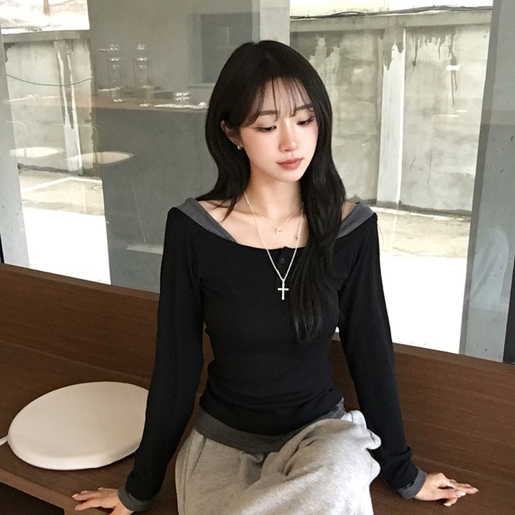 쫀득 데일리 버튼 일체형 레이어드 배색 긴팔 티셔츠 봄 상의 슬림핏 단추 긴팔티 3color 블랙