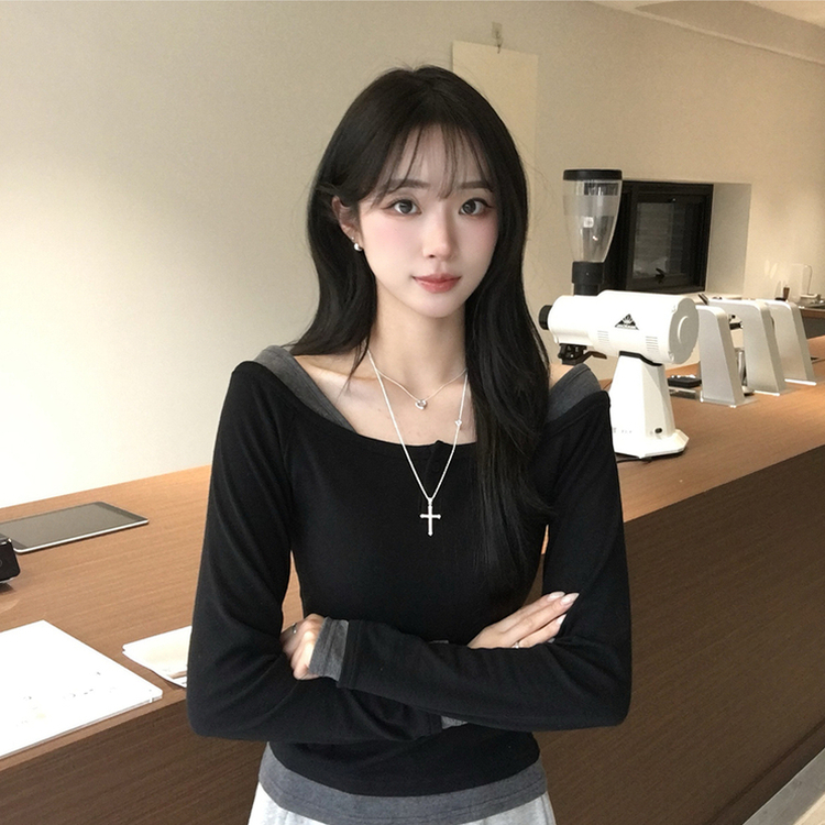 쫀득 데일리 버튼 일체형 레이어드 배색 긴팔 티셔츠 봄 상의 슬림핏 단추 긴팔티 3color 블랙